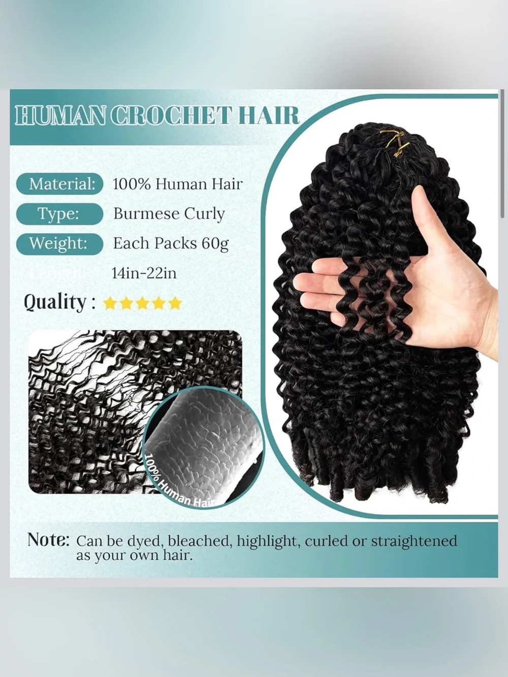 Burmese Curly Crochet Human Hair 22 Inch 60g Knotless Pre-Separated Feather Huma